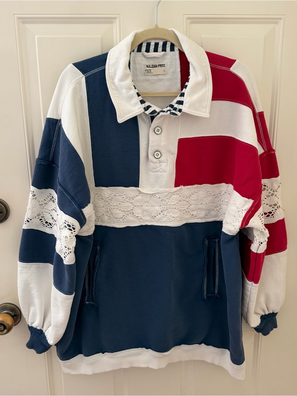Free People We The Free American Dream Polo Lace Sweater Striped Oversized Sm - Picture 5 of 13